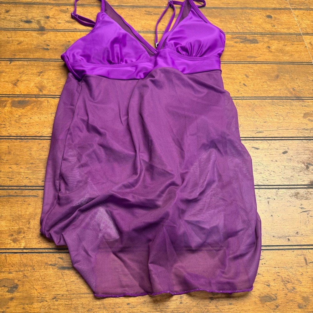 Purple Tankini Swimsuit Tummy‎ Control Shirred Skirt V Neck L